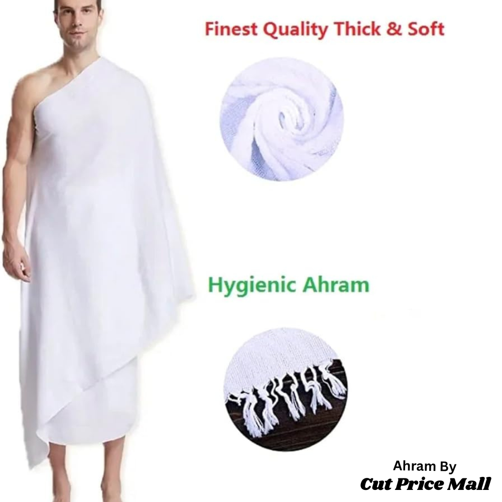 Men's  Full Size Tery Cotton Towel Ihram Hajj & Umrah 5 in 1 Ahram kit without Fur with Free belt and Bag / soap / Tasbeh