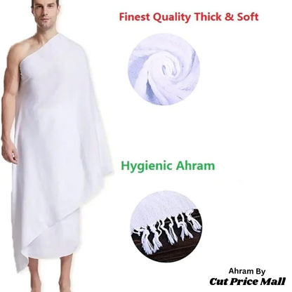 Men's  Full Size Tery Cotton Towel Ihram Hajj & Umrah 5 in 1 Ahram kit without Fur with Free belt and Bag / soap / Tasbeh