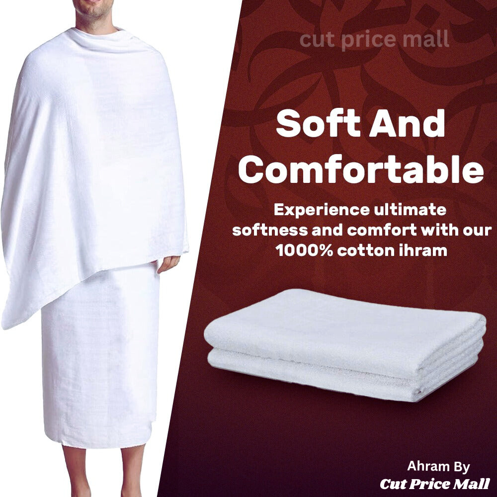 Men's  Full Size Tery Cotton Towel Ihram Hajj & Umrah 5 in 1 Ahram kit without Fur with Free belt and Bag / soap / Tasbeh