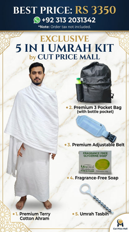 Men's  Full Size Tery Cotton Towel Ihram Hajj & Umrah 5 in 1 Ahram kit without Fur with Free belt and Bag / soap / Tasbeh