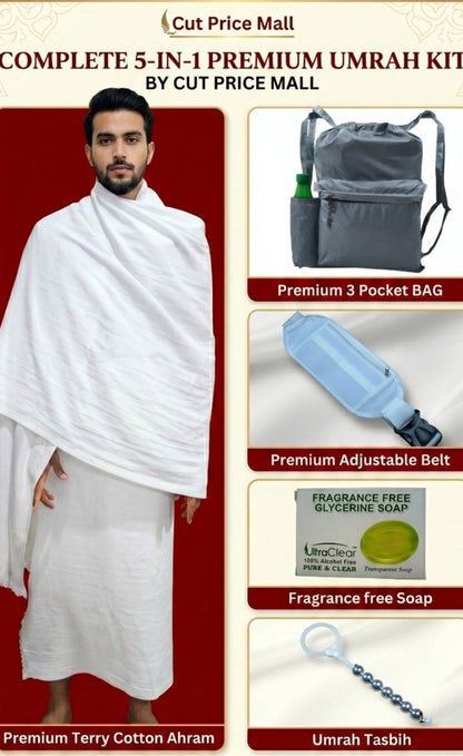 Men's  Full Size Tery Cotton Towel Ihram Hajj & Umrah 5 in 1 Ahram kit without Fur with Free belt and Bag / soap / Tasbeh