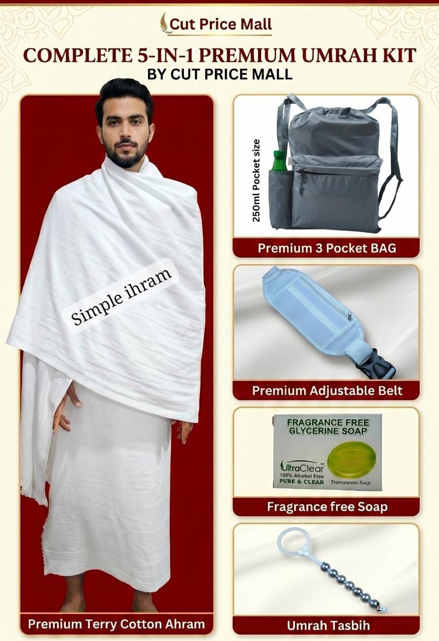 5 in 1 Simple Ihram KIT - Premium soft Cotton ahram for Hajj & Umrah
